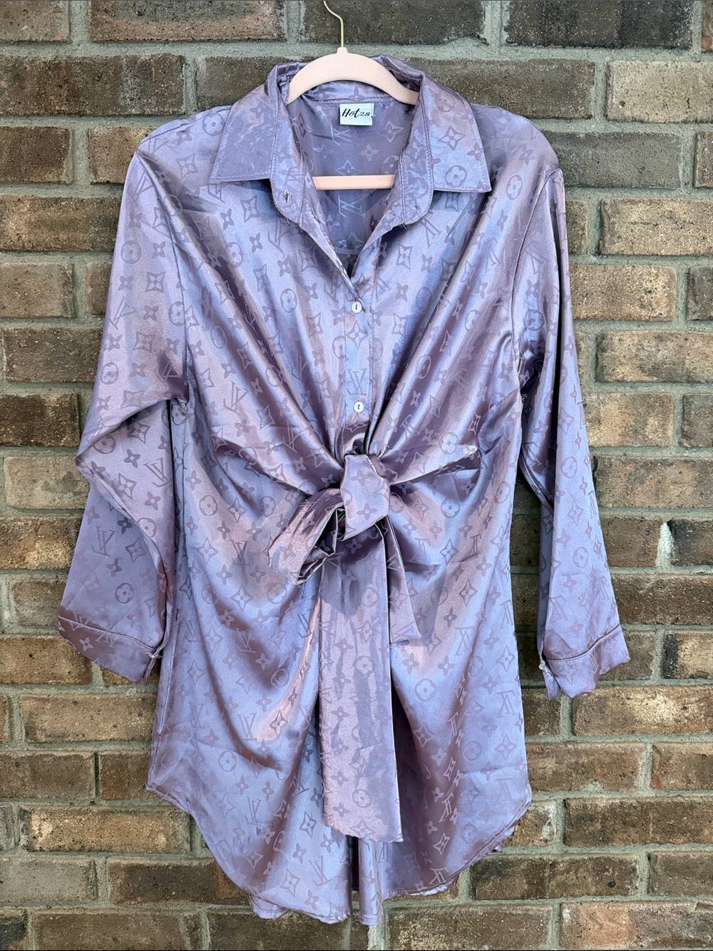 Lavender Satin Button-Up Shirt with Front Tie